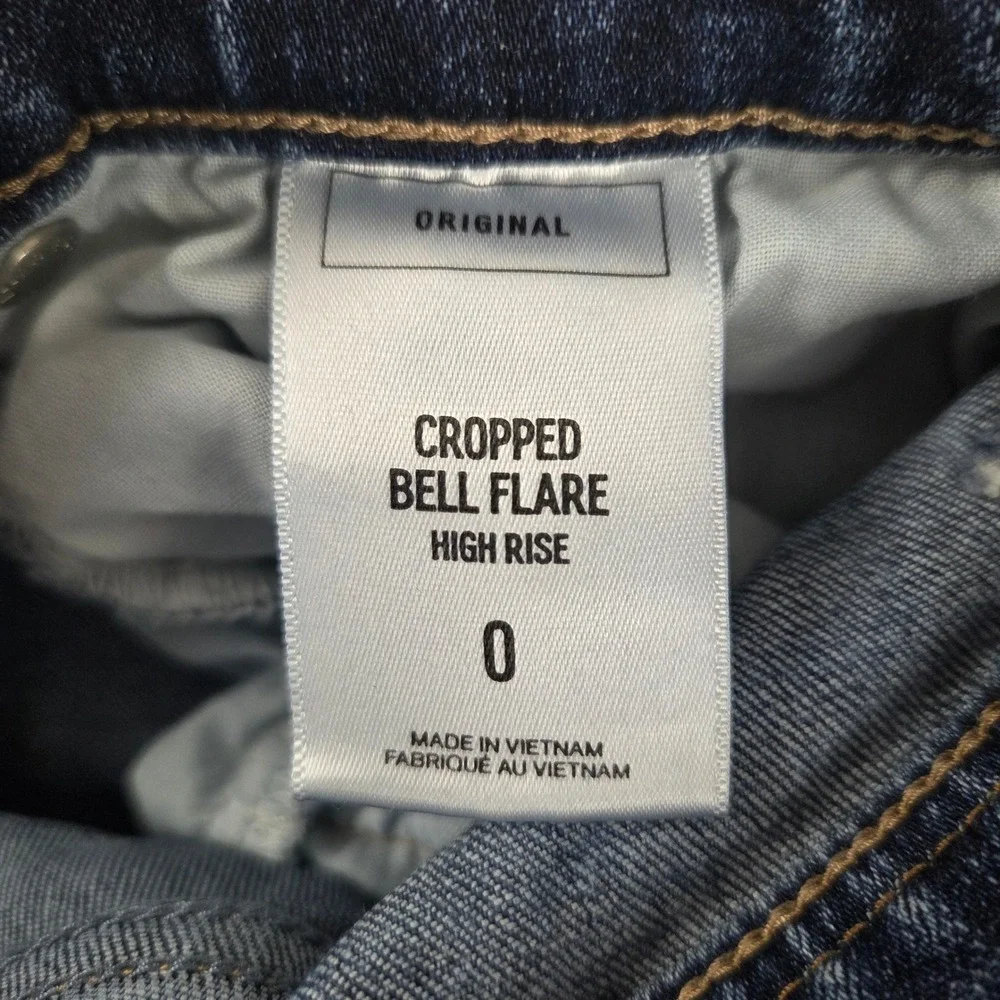 Express Cropped Bell Flare Jeans Womens 0 Blue‎ Distressed High Rise Raw Hem